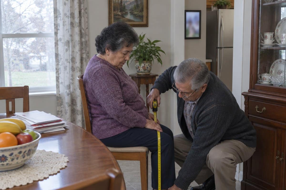 Older couple measuring the seated leg height from floor to back of thigh using a tape measure