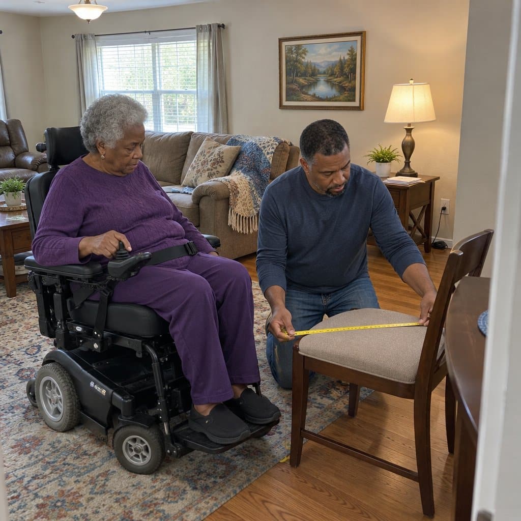 Woman in a power wheelchair while a man measures the seat width with a tape measure