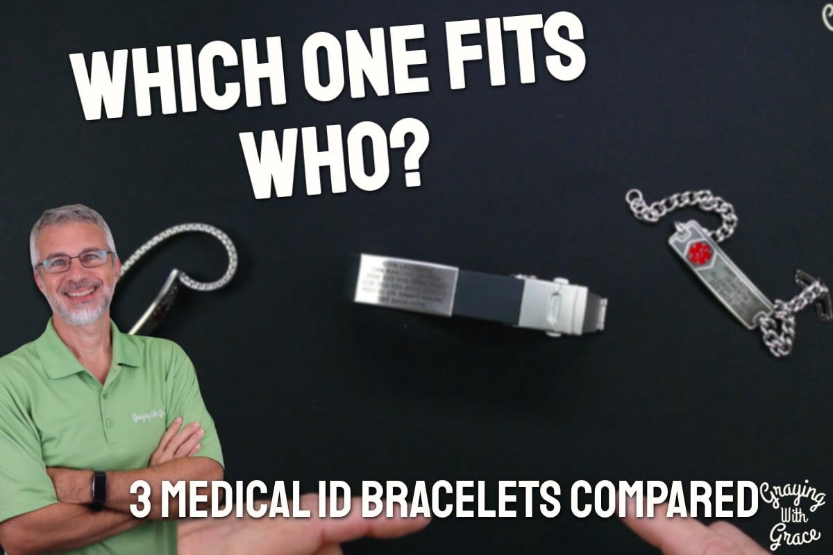 Scott Grant with three Divoti medical ID bracelets: a slip-on stretch band, a silicone sport band and a dementia chain band