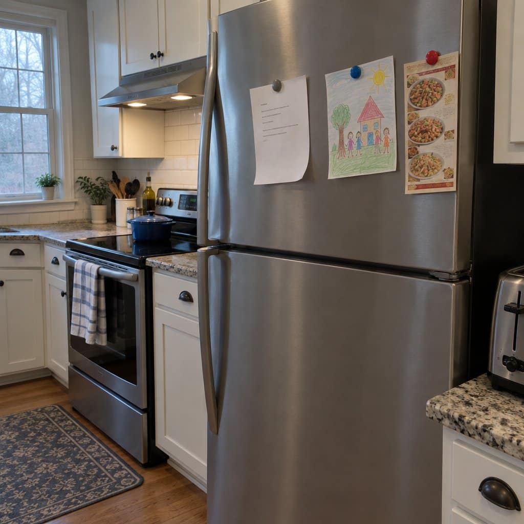 Refrigerator door with a single sheet of paper held by a magnet among other papers in a kitchen