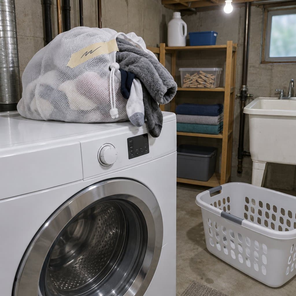 Mesh laundry bag filled with clothes sitting on top of a washing machine in a basement