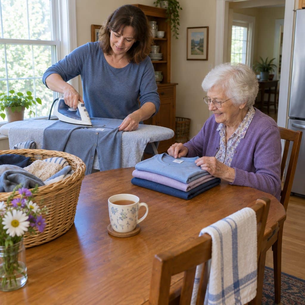 Mother and adult daughter at a kitchen table putting iron-on name labels into clothing