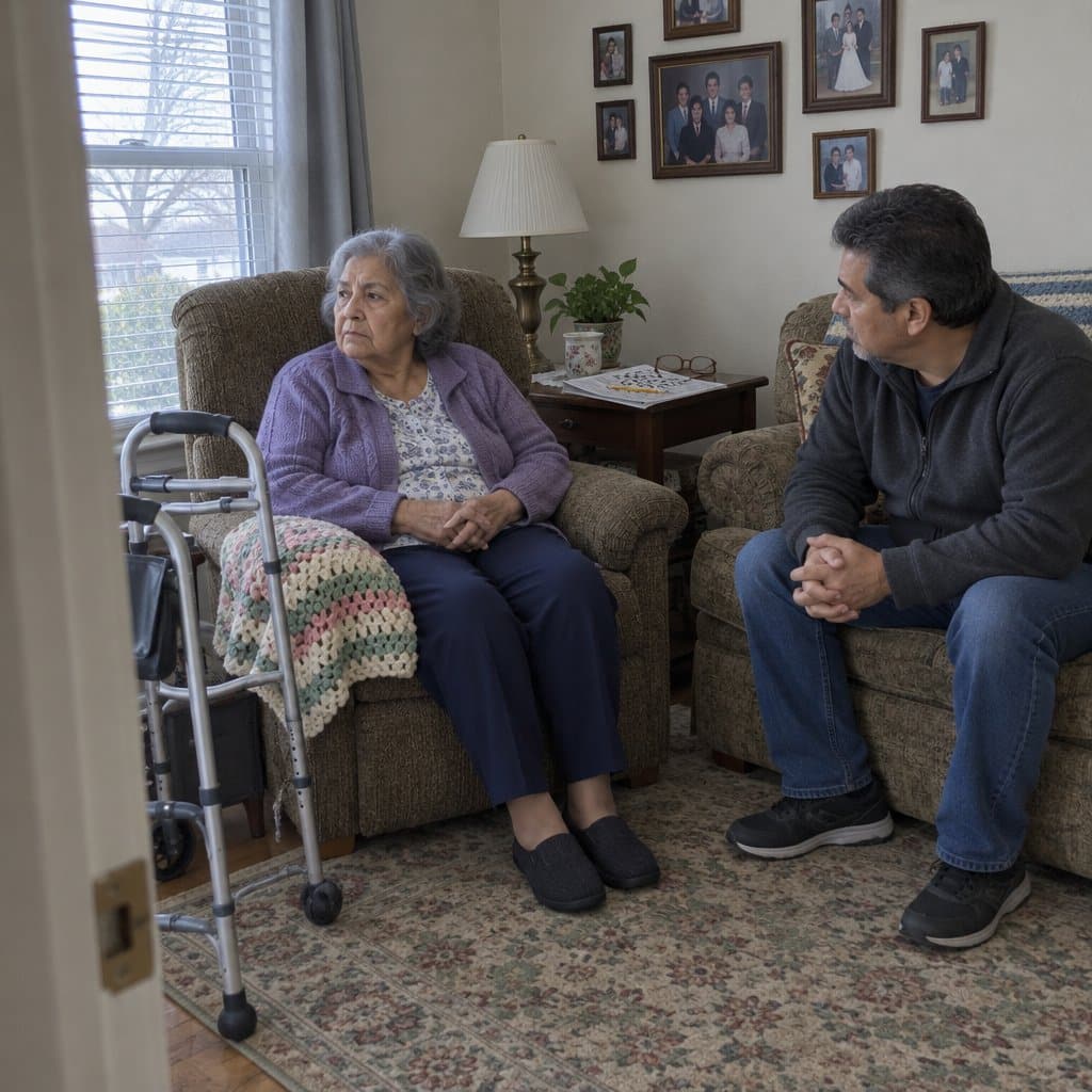 An older woman in an armchair with a walker beside her talking with her adult son in a living room.