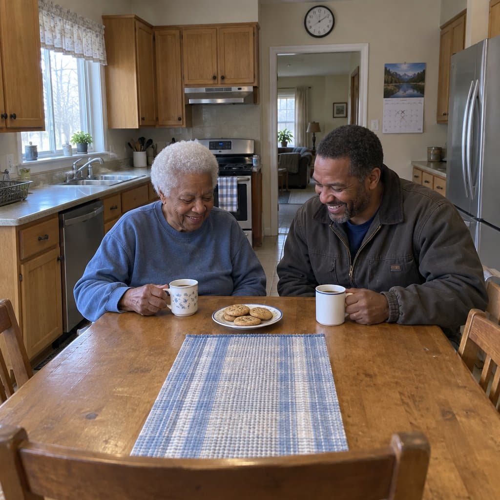 Older woman and her adult son sitting at a kitchen table with coffee and cookies, smiling and looking down