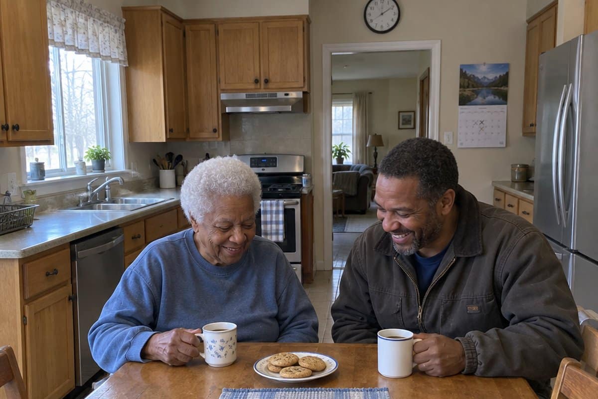 Older woman and her adult son sitting at a kitchen table with coffee and cookies, smiling and looking down
