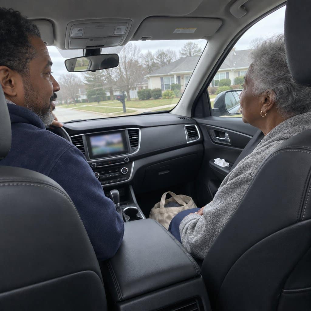 Older woman in a car passenger seat looking out the window while her son drives and talks with her