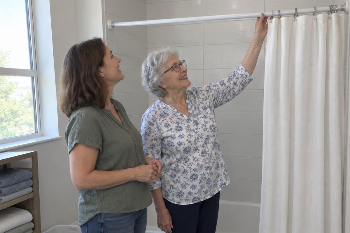 An older woman and her adult daughter smiling while hanging shower curtain rings on a tension rod in a bright bathroom.