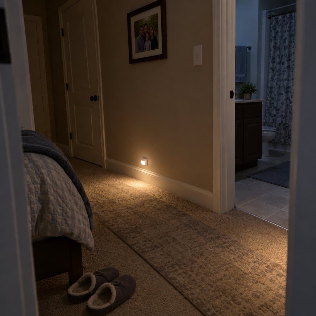 Dim hallway with a small light glowing along the floor toward a bathroom door