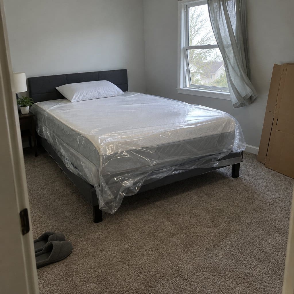 A new memory foam mattress partly unwrapped on a bed frame in a bedroom with the window open.