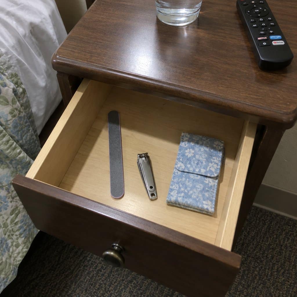 A partially open nightstand drawer in an assisted living room showing a nail clipper, nail file, and small cloth case inside, with a water glass and remote control on top of the nightstand