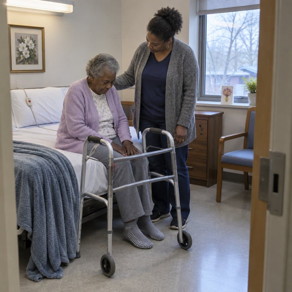 Older woman seated on a nursing home bed with a walker in front of her and her daughter beside her