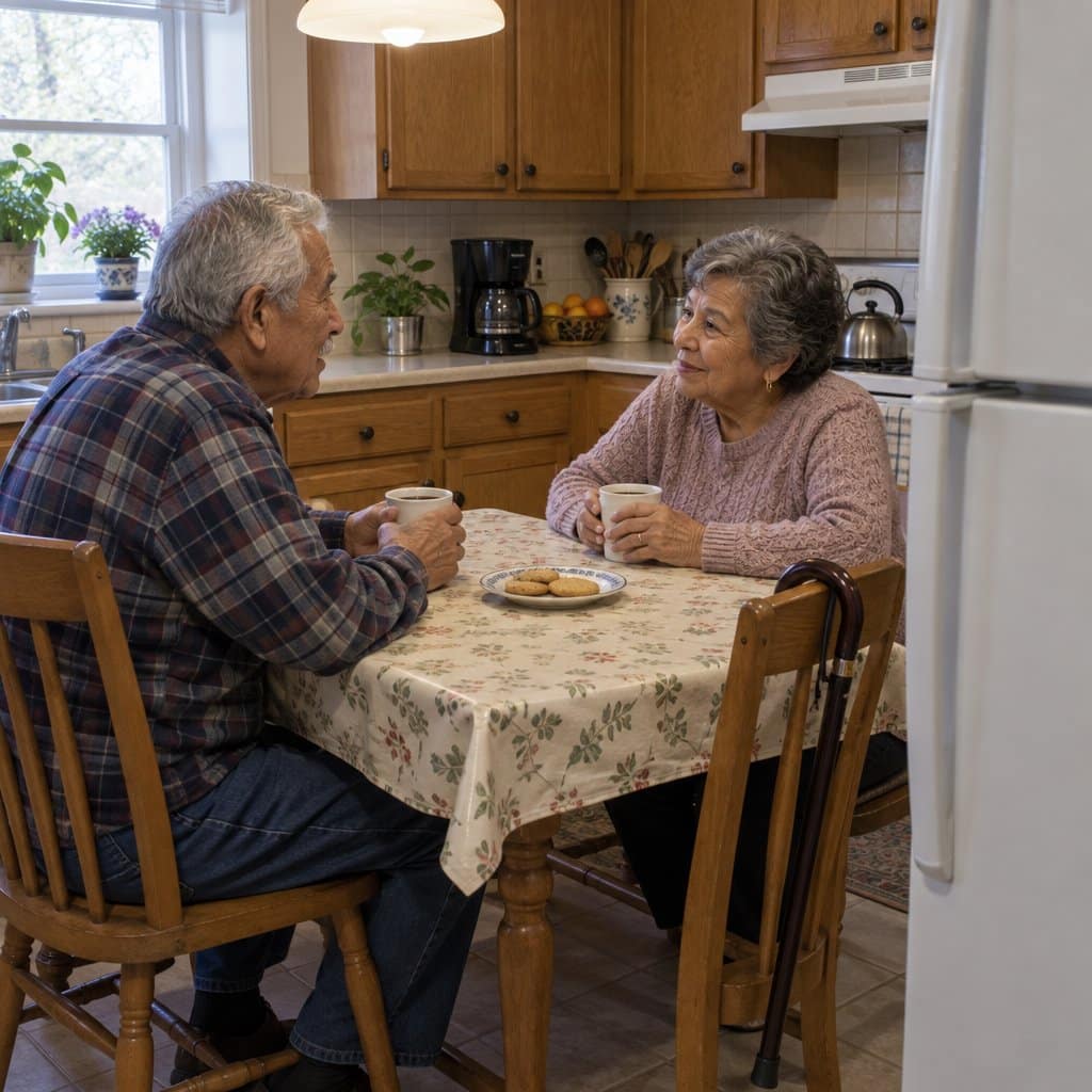 Two older people talking over coffee and cookies at a kitchen table