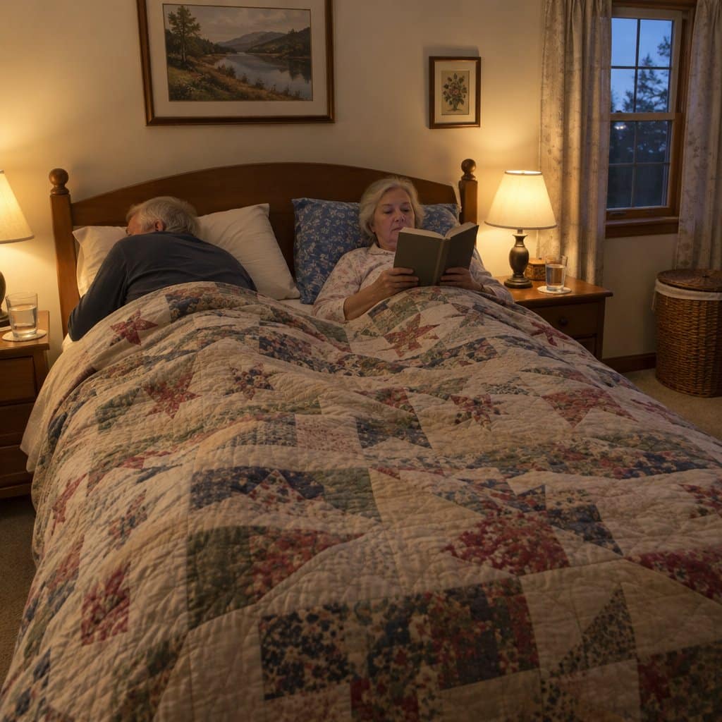 An older couple in bed, one on his side and the other reading on her back.