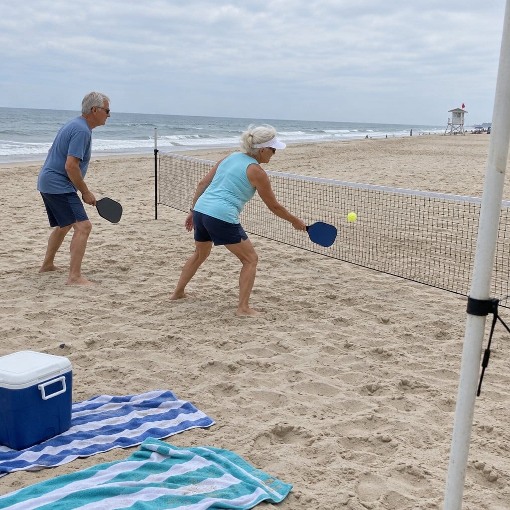Older couple playing pickleball across a low net on a sandy beach