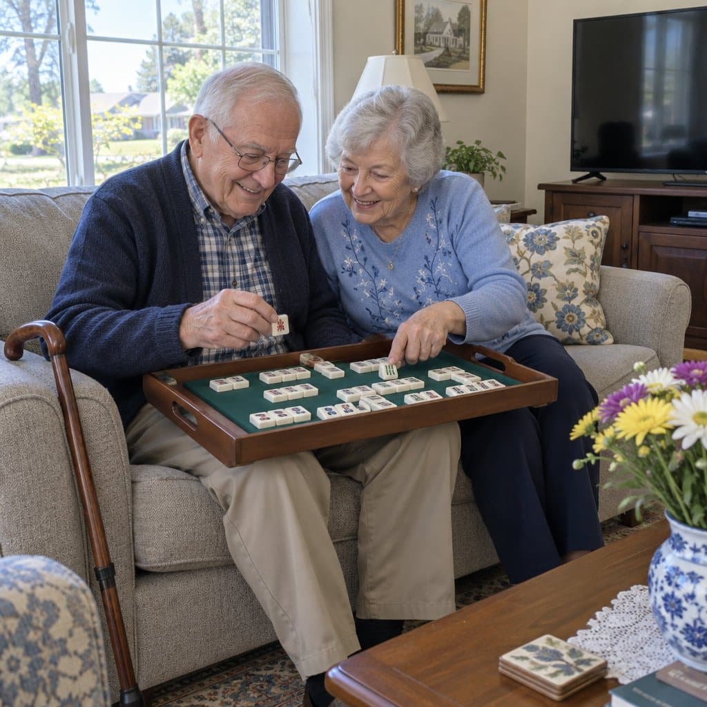 An older couple on a sofa play a tile matching game together on a tray, a cane leaning beside them.