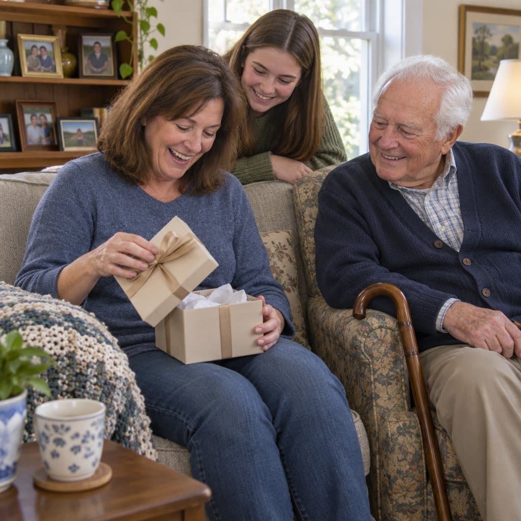 A woman laughs as she opens a small gift from her father and granddaughter in the living room