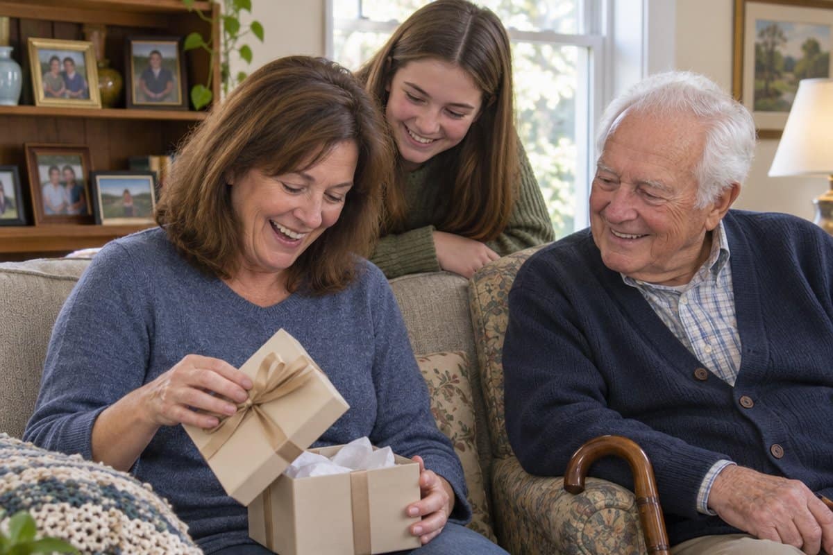 A woman laughs as she opens a small gift from her father and granddaughter in the living room