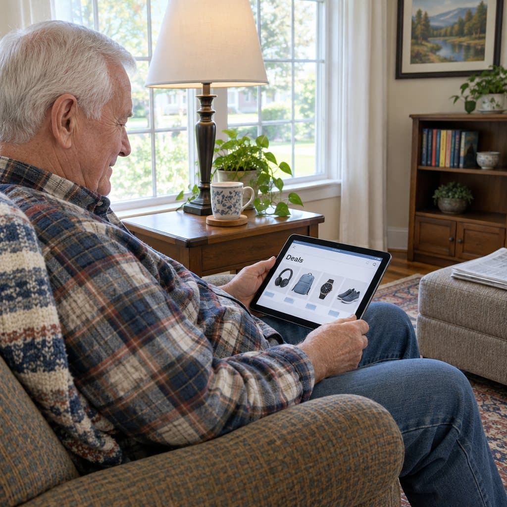 Older man in an armchair browsing a shopping page on a tablet