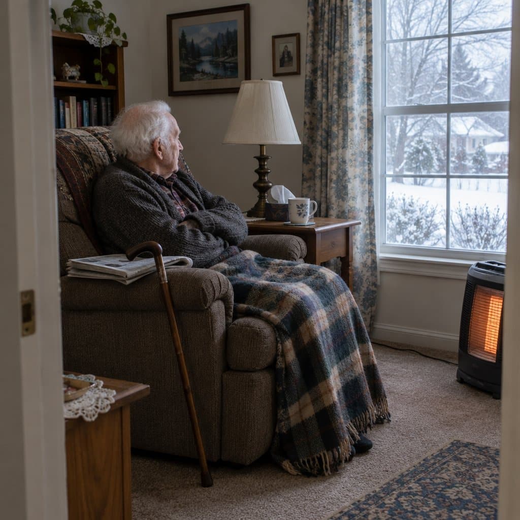 Older man wrapped in a blanket and cardigan sitting in a recliner in a cold living room