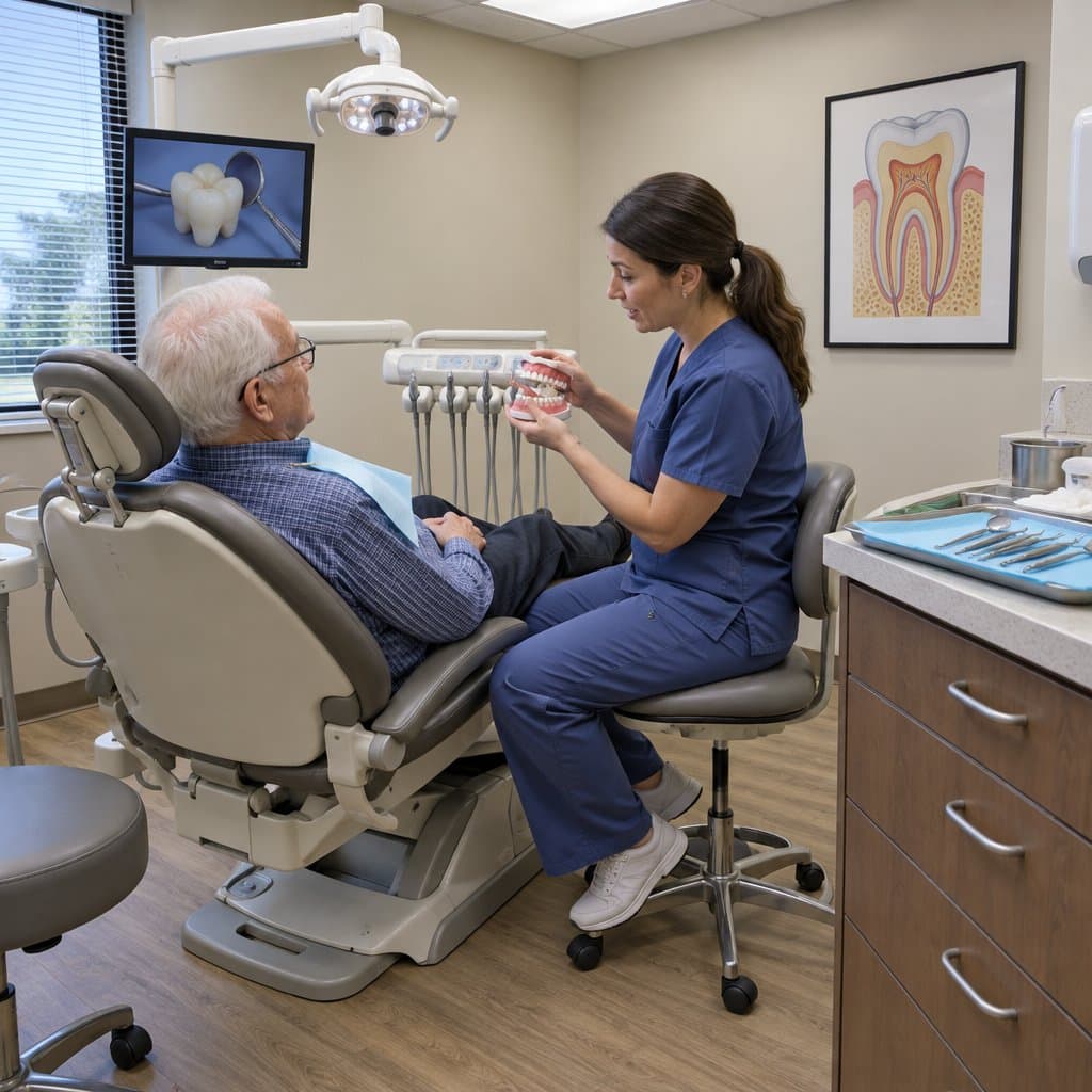 Older man in a dental chair talking with a dentist who holds a tooth model