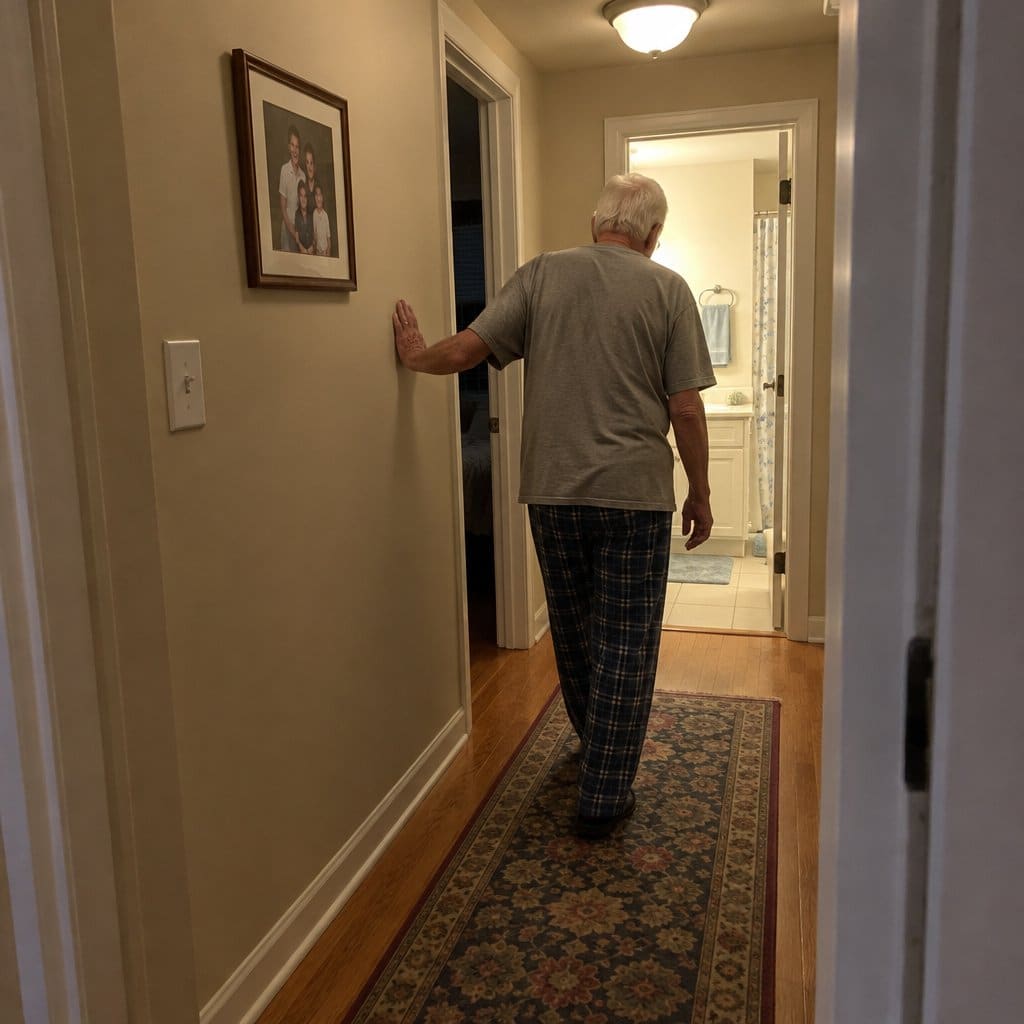 Older man with white hair walking down a dim hallway toward a lit bathroom at night