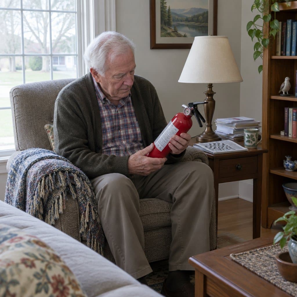 Older man with white hair sitting in an armchair reading the label on a small red fire extinguisher in his lap