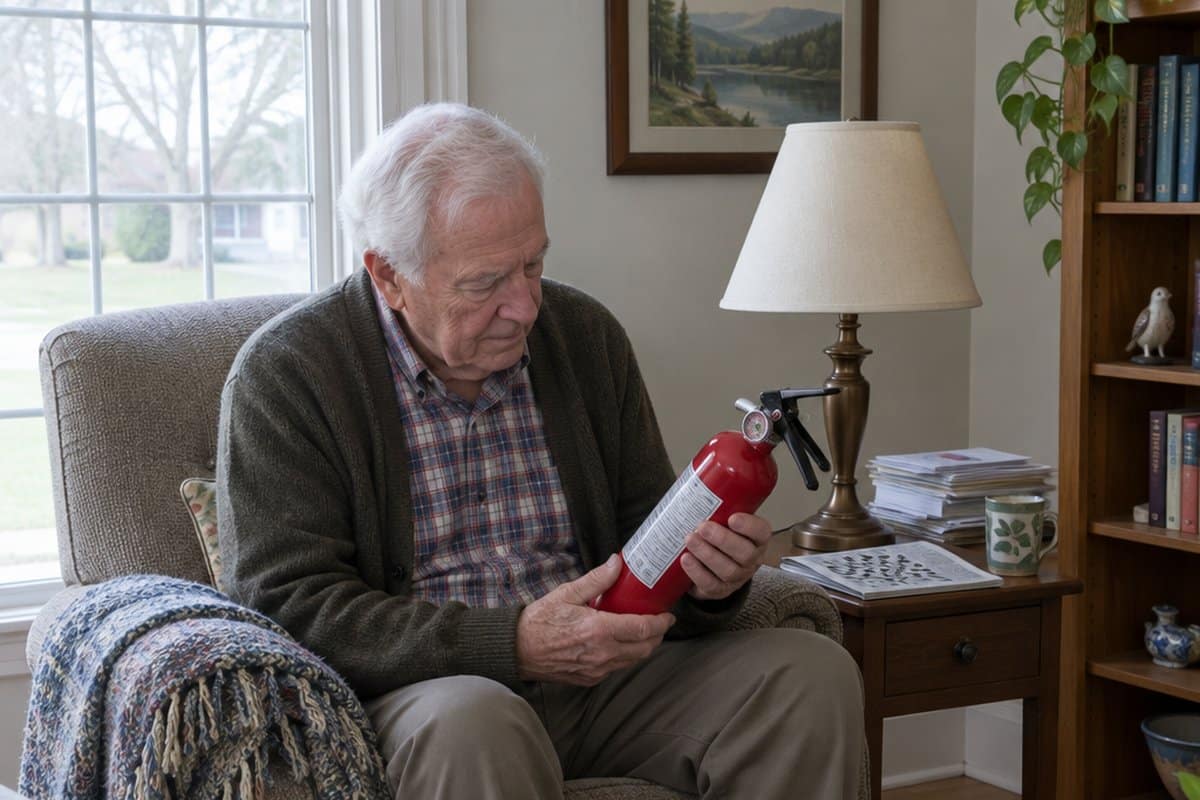 Older man with white hair sitting in an armchair reading the label on a small red fire extinguisher in his lap