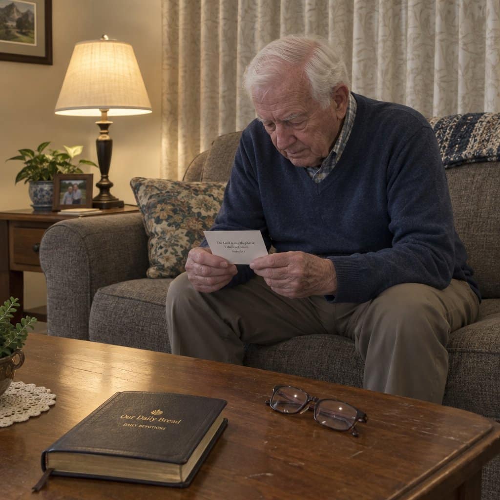 An older man sits on the edge of a couch holding a small card in both hands and reading it with his head bowed, with a devotional book and glasses on the coffee table in front of him
