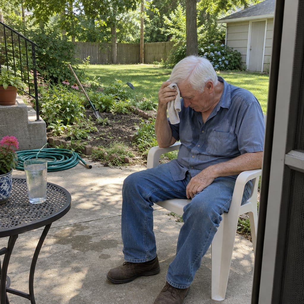 Older man in a work shirt wiping his forehead while resting in a patio chair on a hot day
