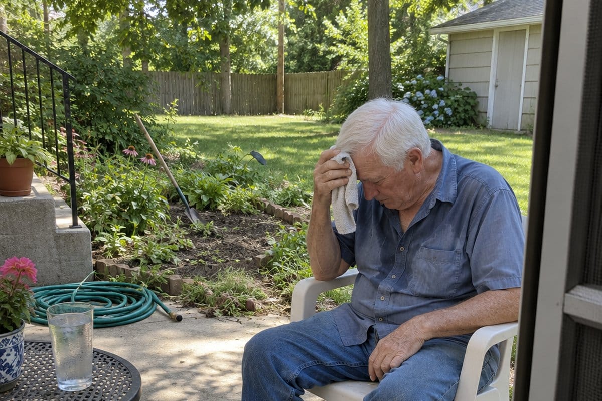 Older man in a work shirt wiping his forehead while resting in a patio chair on a hot day