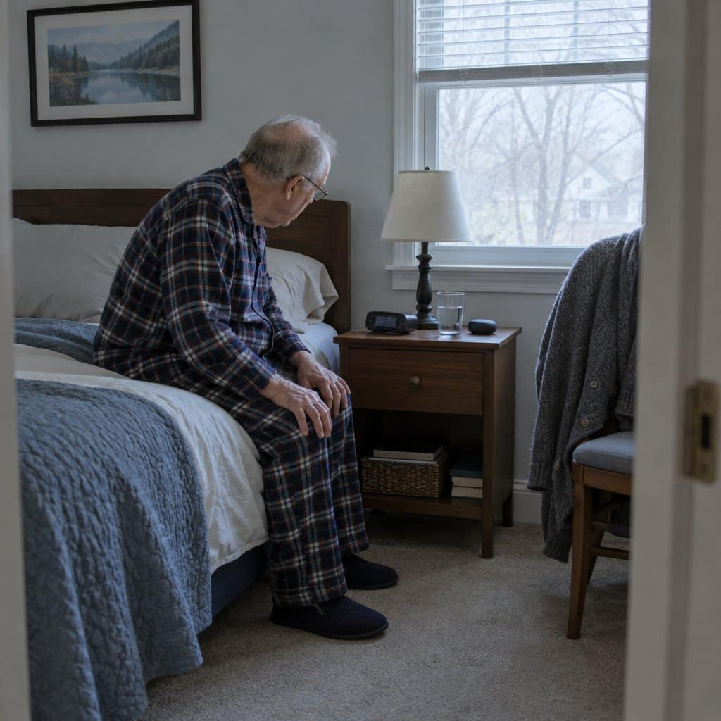 Older man in pajamas sitting on the edge of his bed squinting at a bedside clock