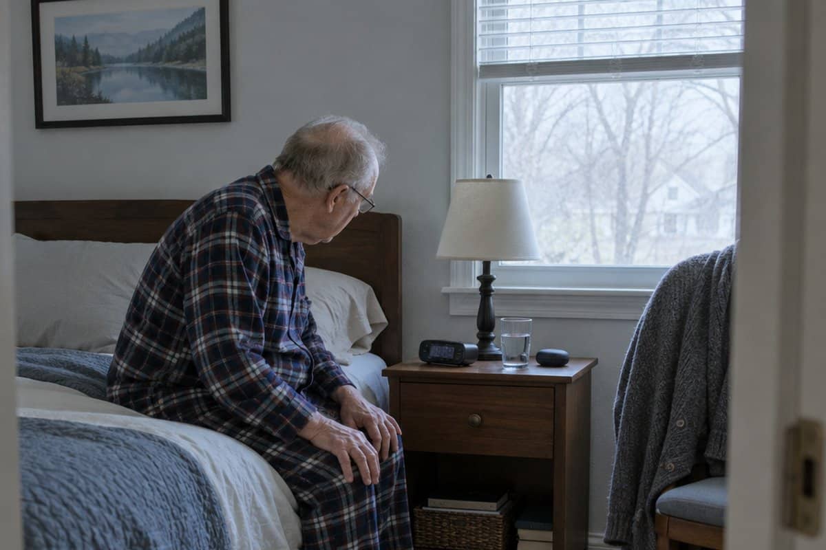 Older man in pajamas sitting on the edge of his bed squinting at a bedside clock