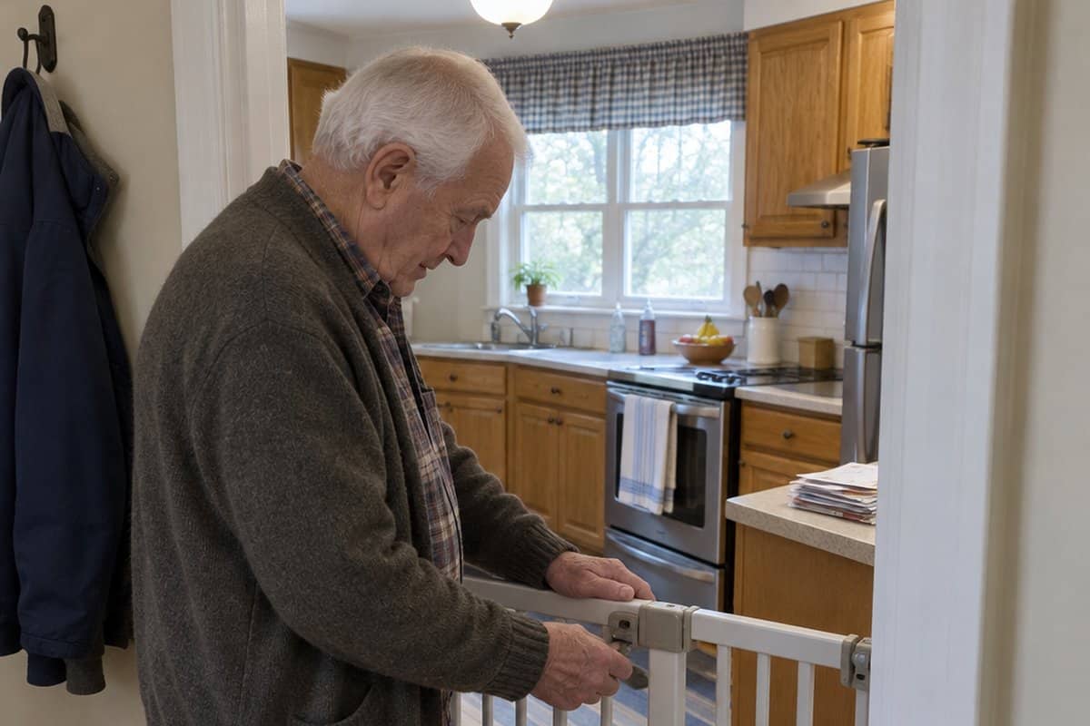 An older man standing at a closed safety gate in a kitchen doorway, looking down at the latch.