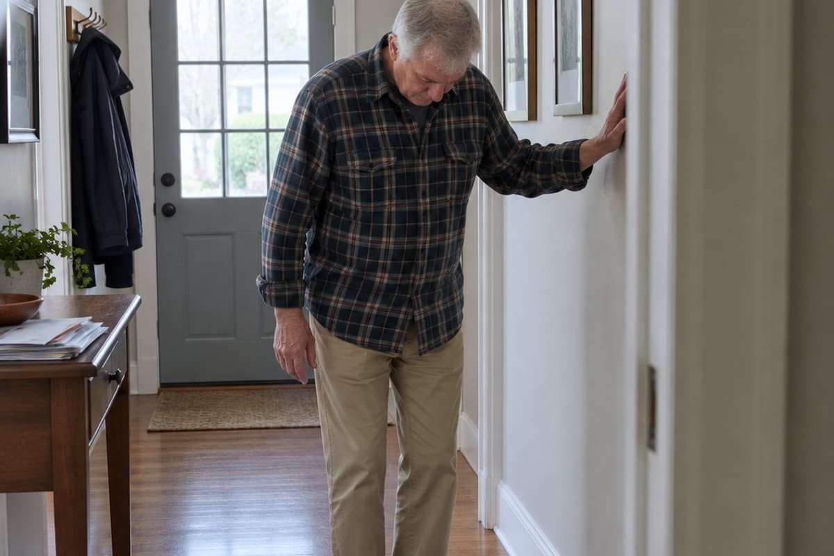 Older man in socks steadying himself against a hallway wall, looking down at flat thin-soled shoes on the floor