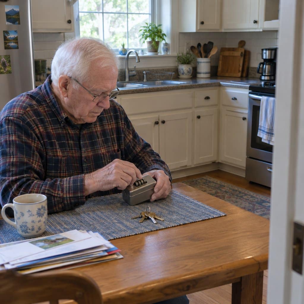 Older man at a kitchen table turning the dials of a small combination lock box with house keys beside it