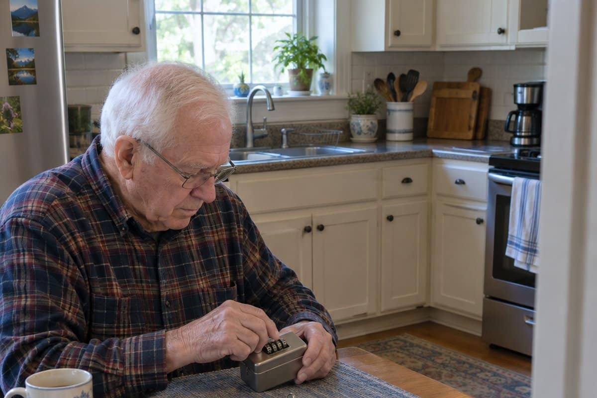 Older man at a kitchen table turning the dials of a small combination lock box with house keys beside it