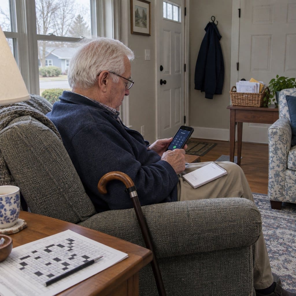 Older man with a cane sitting in an armchair holding a phone and a notepad