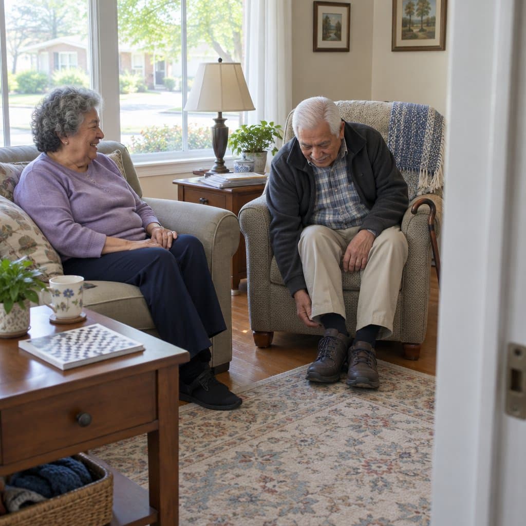 Older man with a cane in an armchair wearing closed shoes, talking with his wife in a living room