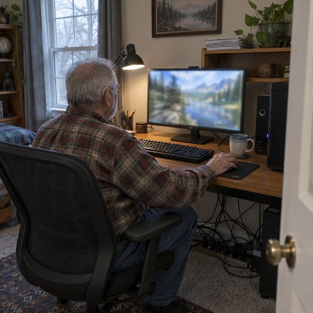 Older man with a hearing aid sitting at a desk playing a PC game in a spare room
