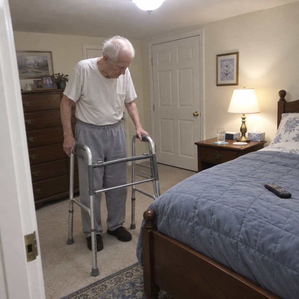 An older man with white hair and a walker stands near the foot of a bed looking toward the floor, a glass of water on the nightstand and TV remote on the comforter