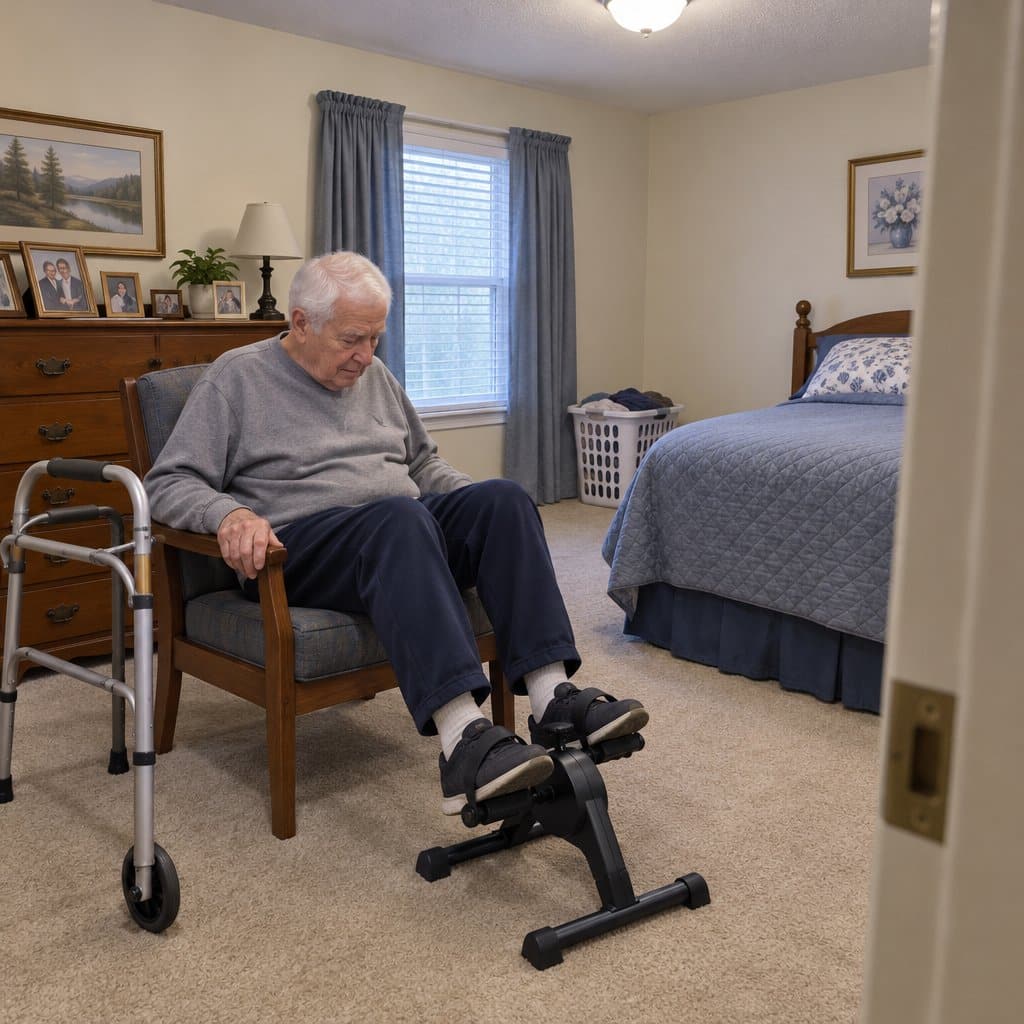 Older man seated in a chair with a walker beside him and his feet near a pedal exerciser