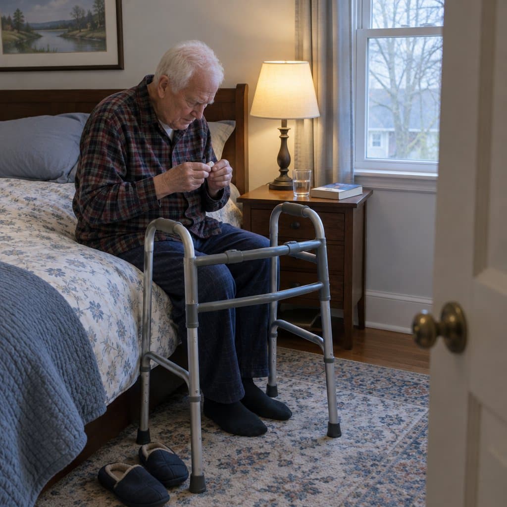 Older man seated on a bed with a walker nearby, examining a small earbud in his fingers