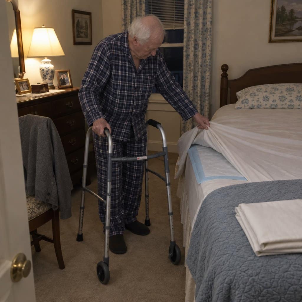 An older man using a rolling walker, standing beside his bed and tucking a bed pad under the fitted sheet before sleep