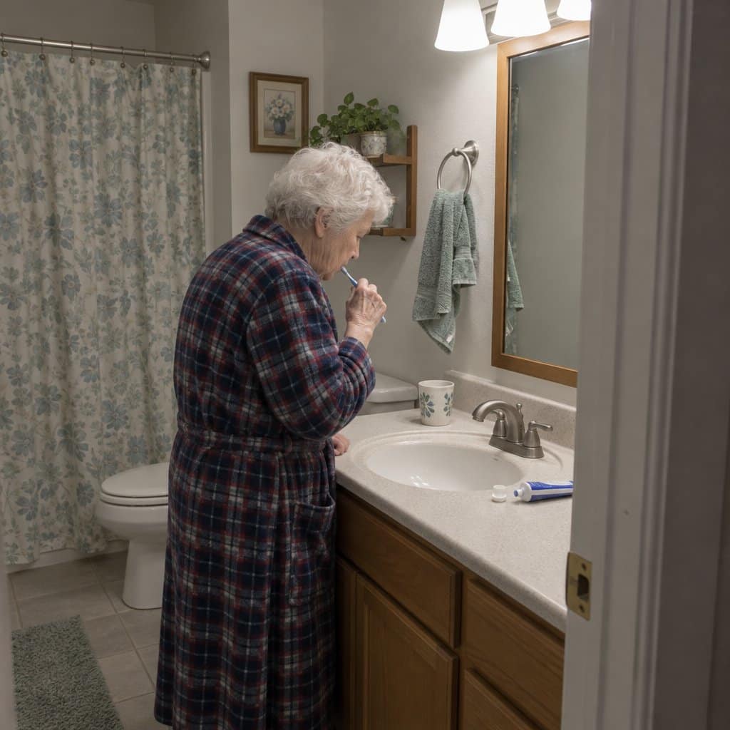 Older woman with white hair brushing her teeth at a bathroom sink
