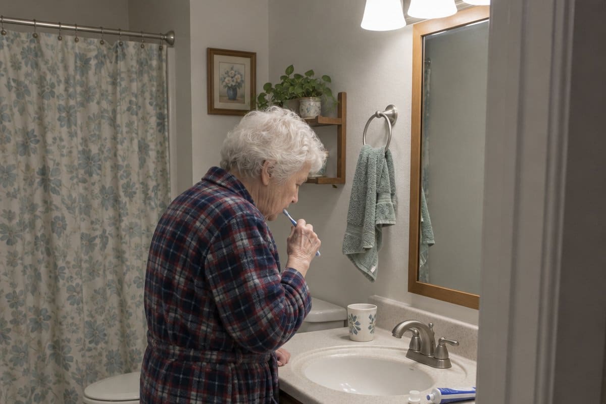 Older woman with white hair brushing her teeth at a bathroom sink