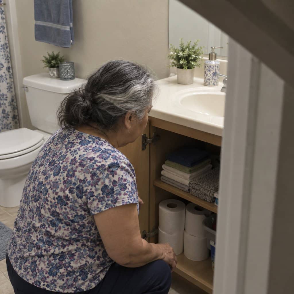 An older woman with silver-streaked hair crouches at an open under-sink cabinet looking inside, washcloths and toilet paper rolls visible on the shelves, doorframe at upper right