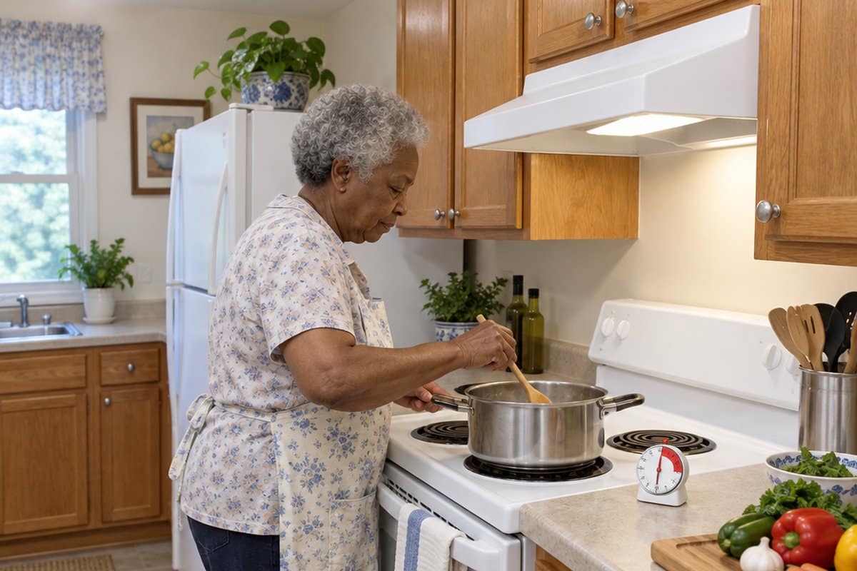 Older woman stirring a pot at an electric stove with a kitchen timer nearby