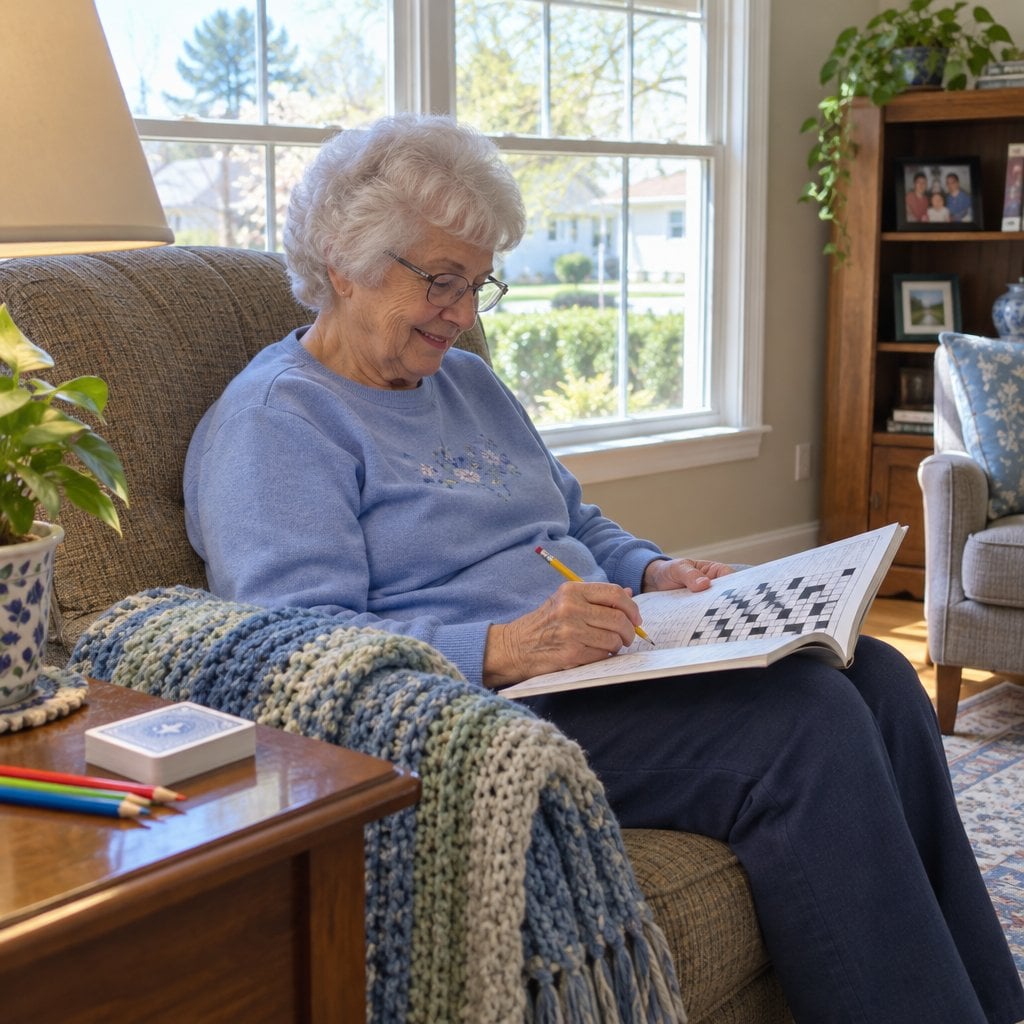 Older woman in an armchair working on a crossword book with a pencil