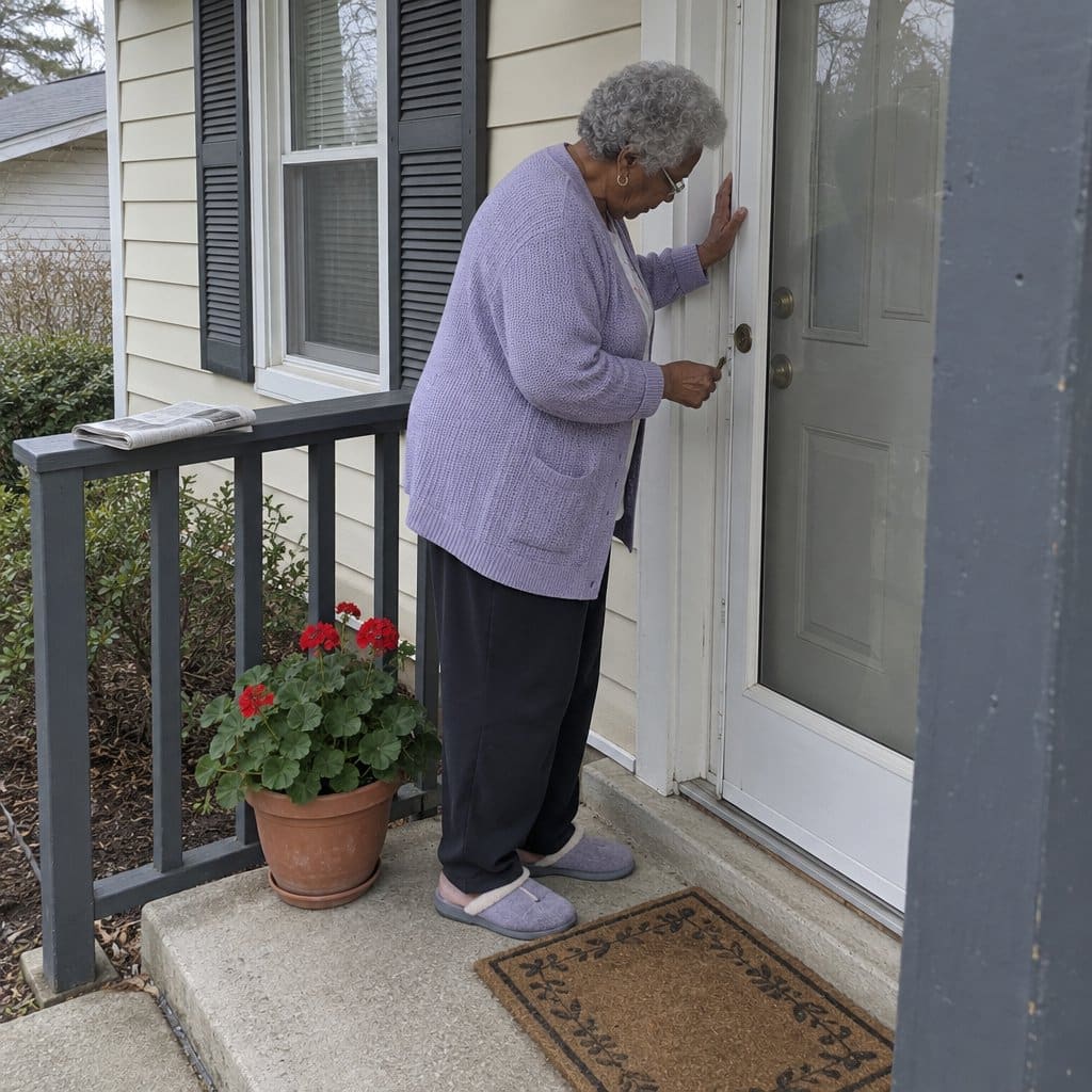 Older woman in a cardigan standing at her front door, looking down as she tries to put a key in the lock