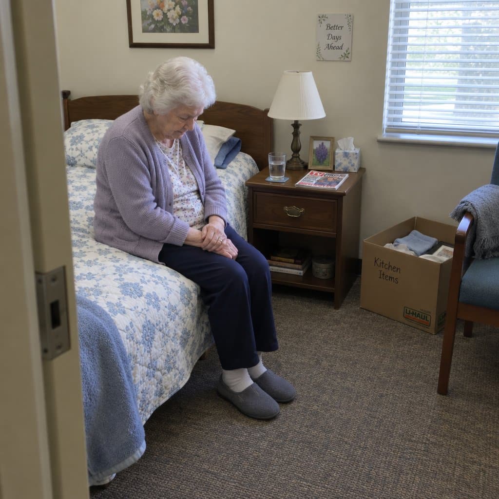 An older woman with white hair sits on the edge of a bed in an assisted living room, looking down at her hands in her lap, with a nightstand and a half-unpacked cardboard box visible nearby